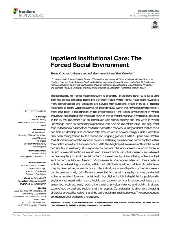 Inpatient Institutional Care: The Forced Social Environment Thumbnail