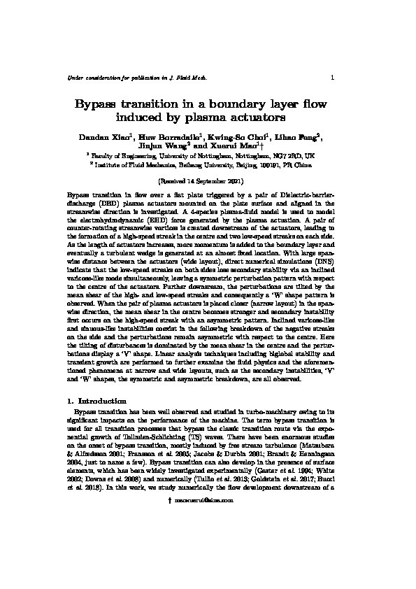 Bypass transition in a boundary layer flow induced by plasma actuators Thumbnail