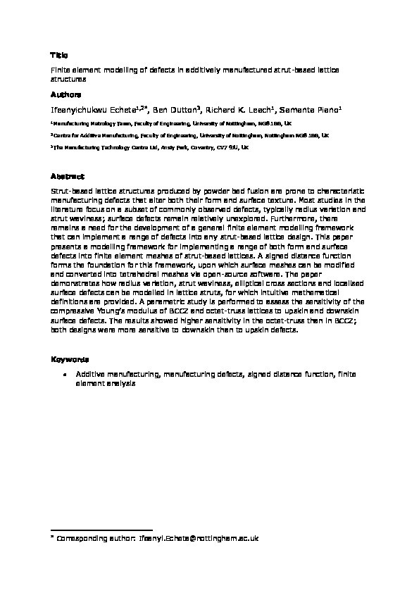 Finite element modelling of defects in additively manufactured strut-based lattice structures Thumbnail