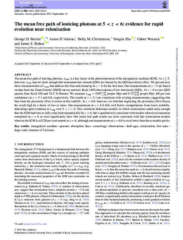 The mean free path of ionizing photons at 5 &lt; z &lt; 6: evidence for rapid evolution near reionization Thumbnail