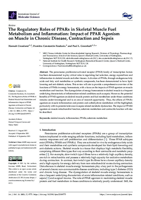 The Regulatory Roles of PPARs in Skeletal Muscle Fuel Metabolism and Inflammation: Impact of PPAR Agonism on Muscle in Chronic Disease, Contraction and Sepsis Thumbnail