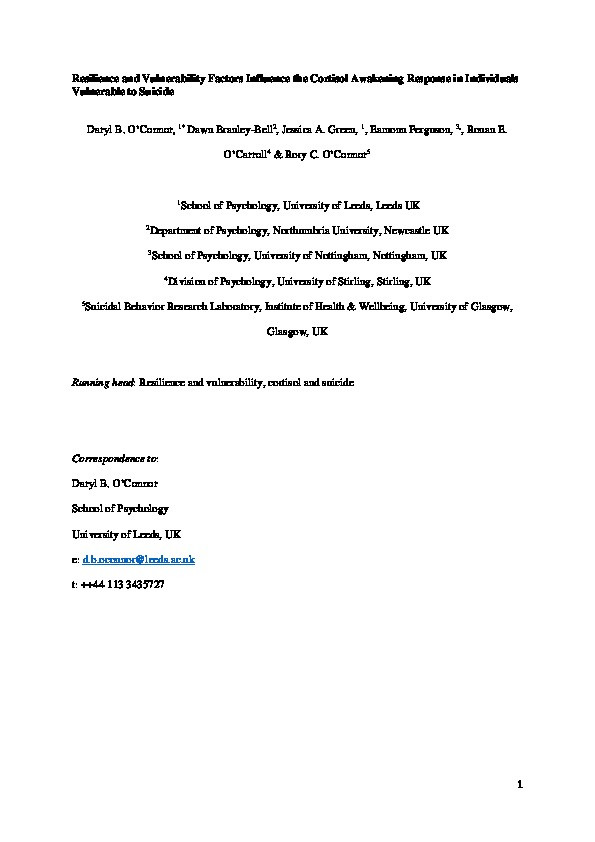 Resilience and vulnerability factors influence the cortisol awakening response in individuals vulnerable to suicide Thumbnail
