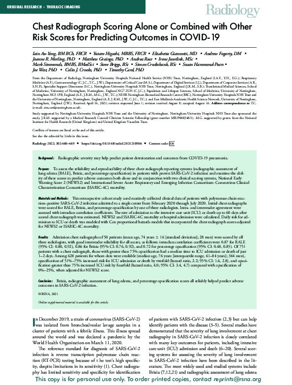 Chest Radiograph Scoring Alone or Combined with Other Risk Scores for Predicting Outcomes in COVID-19 Thumbnail