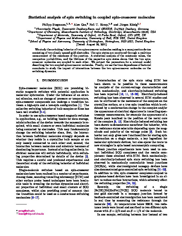 Statistical analysis of spin switching in coupled spin-crossover molecules Thumbnail