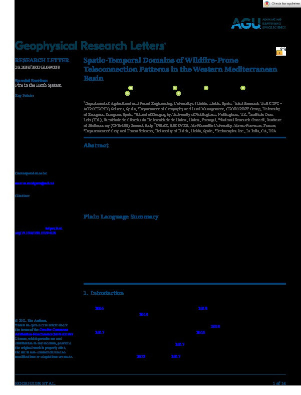 Spatio-Temporal Domains of Wildfire-Prone Teleconnection Patterns in the Western Mediterranean Basin Thumbnail