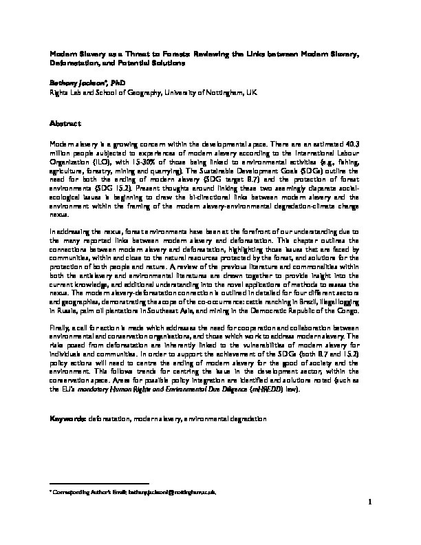 Modern Slavery as a Threat to Forests: Reviewing the Links between Modern Slavery, Deforestation, and Potential Solutions Thumbnail