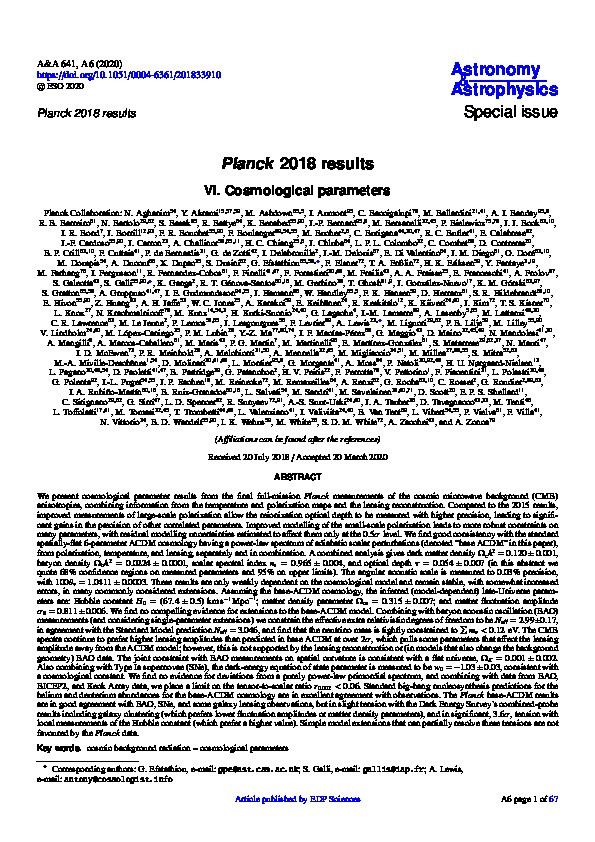 Planck 2018 results: VI. Cosmological parameters Thumbnail