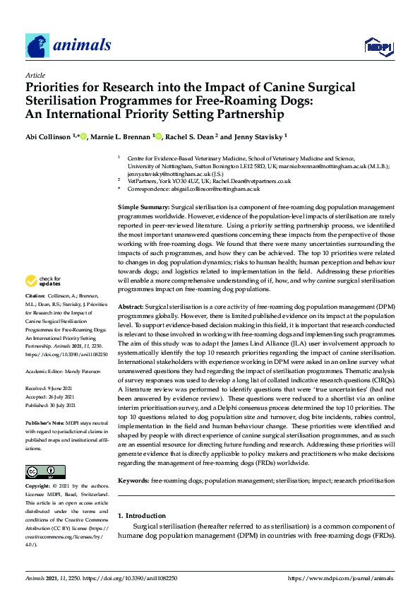 Priorities for Research into the Impact of Canine Surgical Sterilisation Programmes for Free-Roaming Dogs: An International Priority Setting Partnership Thumbnail