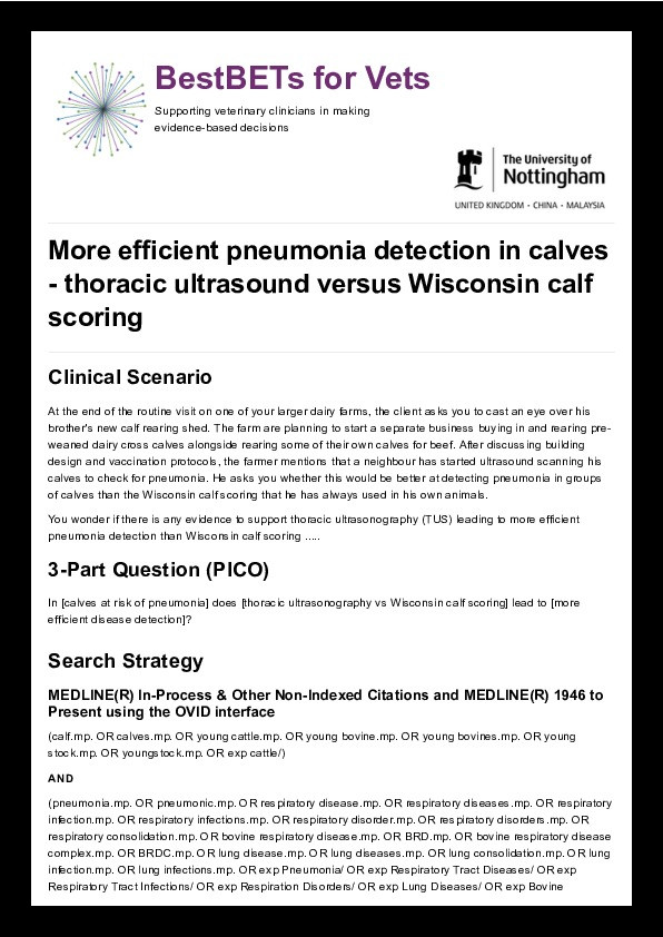 Is thoracic ultrasound more efficient than the Wisconsin calf scoring system for the detection of pneumonia in calves? Thumbnail