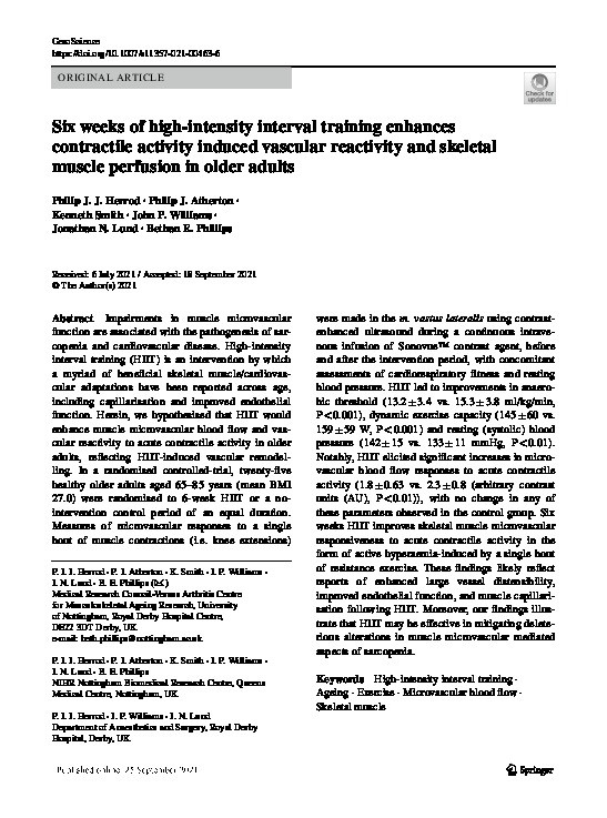 Six weeks of high-intensity interval training enhances contractile activity induced vascular reactivity and skeletal muscle perfusion in older adults Thumbnail