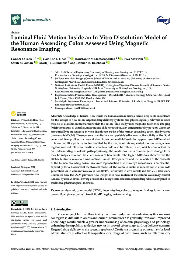 Luminal fluid motion inside an in vitro dissolution model of the human ascending colon assessed using magnetic resonance imaging Thumbnail