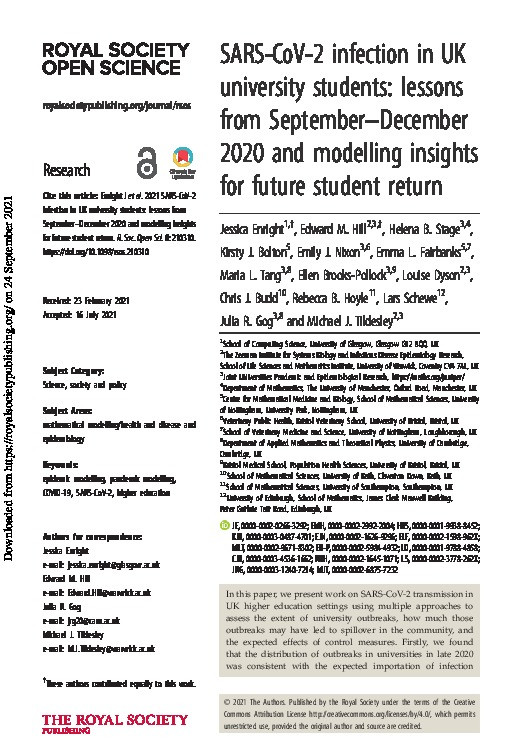 SARS-CoV-2 infection in UK university students: Lessons from September-December 2020 and modelling insights for future student return Thumbnail