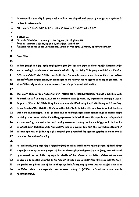 Cause-specific mortality in people with bullous pemphigoid and pemphigus vulgaris: a systematic review and meta-analysis Thumbnail
