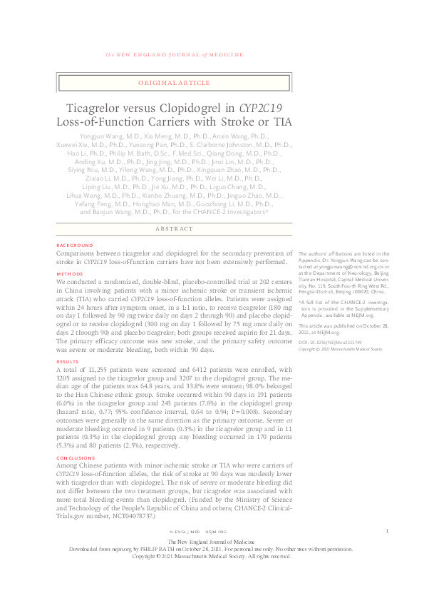 Ticagrelor versus Clopidogrel in CYP2C19 Loss-of-Function Carriers with Stroke or TIA Thumbnail