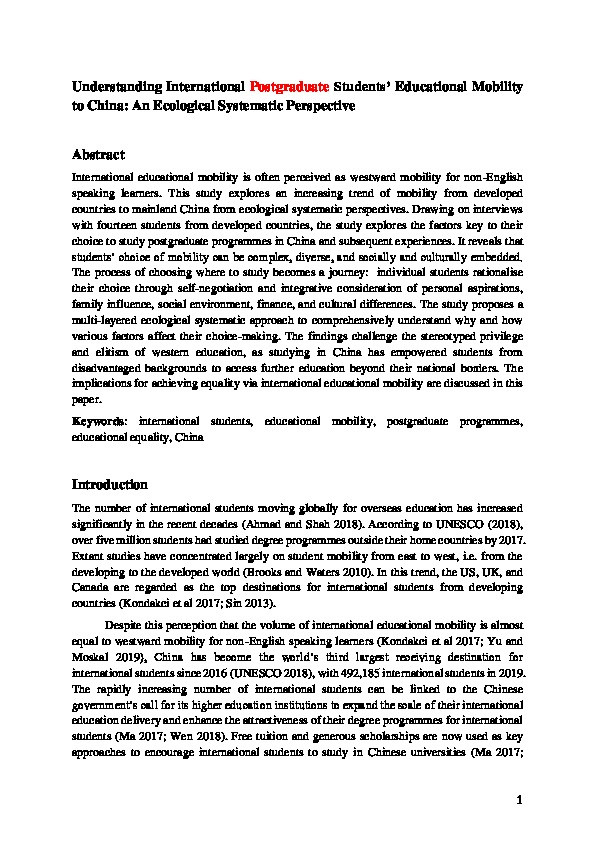 Understanding international postgraduate students’ educational mobility to China: an ecological systematic perspective Thumbnail