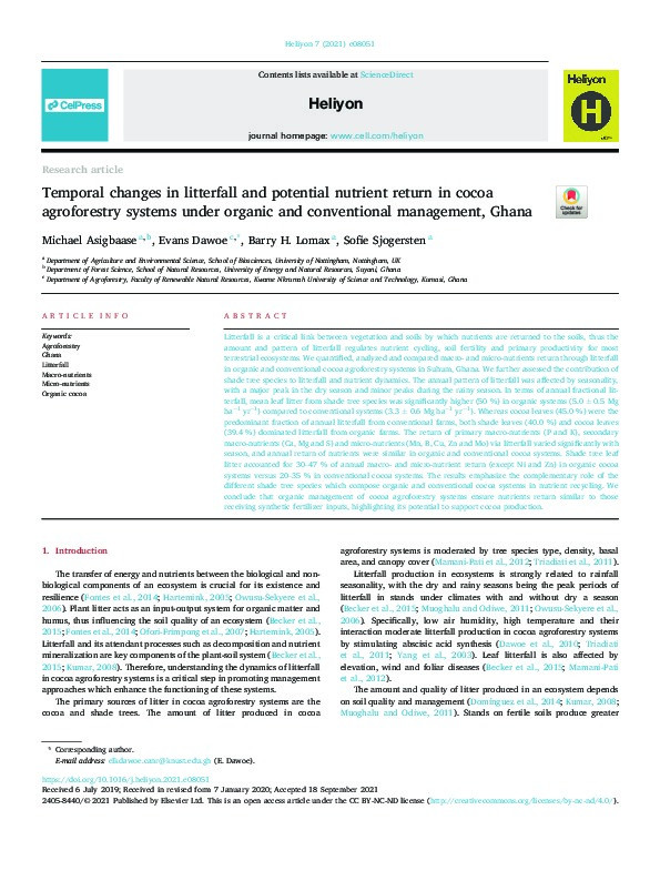 Temporal changes in litterfall and potential nutrient return in cocoa agroforestry systems under organic and conventional management, Ghana Thumbnail