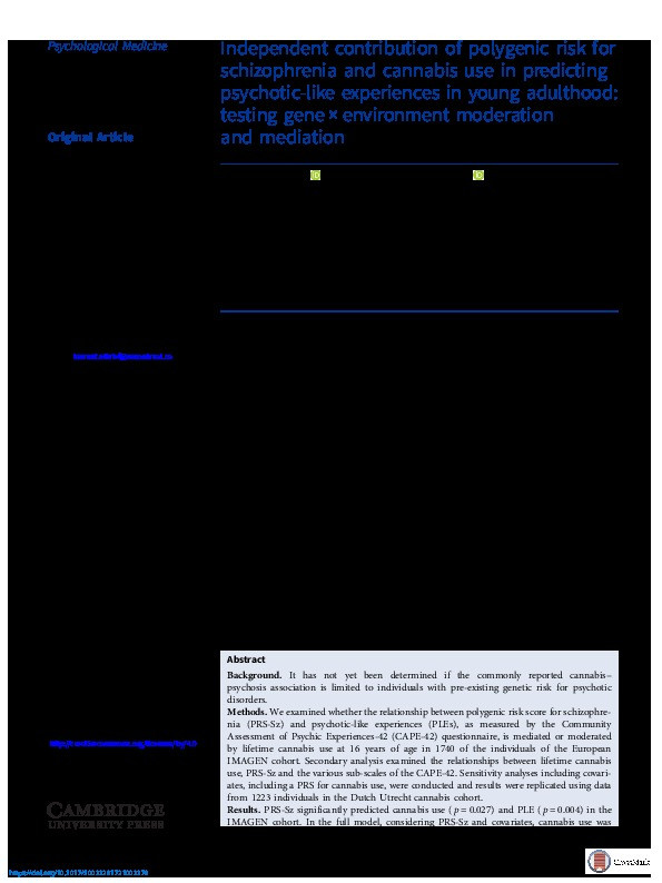 Independent contribution of polygenic risk for schizophrenia and cannabis use in predicting psychotic-like experiences in young adulthood: testing gene × environment moderation and mediation Thumbnail