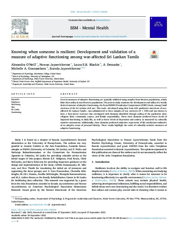 Knowing when someone is resilient: Development and validation of a measure of adaptive functioning among war-affected Sri Lankan Tamils Thumbnail