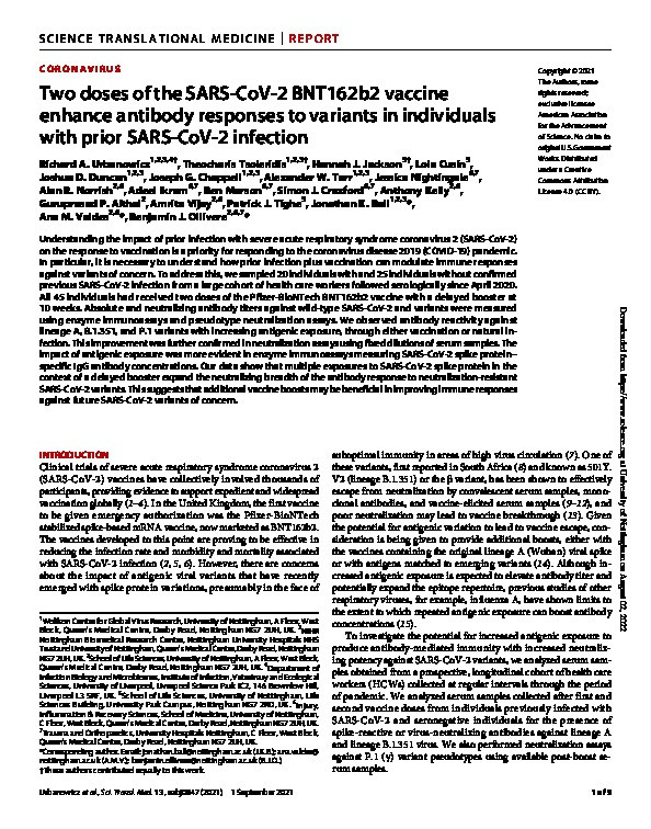 Two doses of the SARS-CoV-2 BNT162b2 vaccine enhance antibody responses to variants in individuals with prior SARS-CoV-2 infection Thumbnail