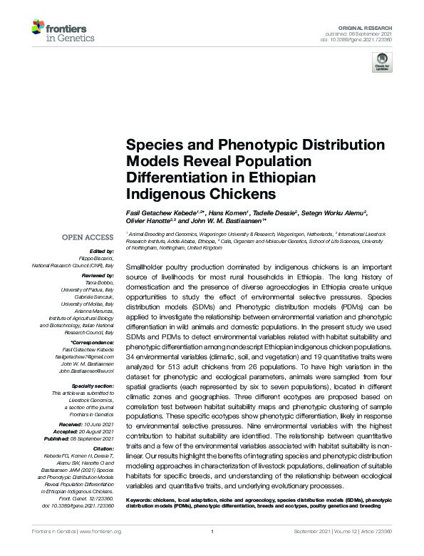 Species and Phenotypic Distribution Models Reveal Population Differentiation in Ethiopian Indigenous Chickens Thumbnail