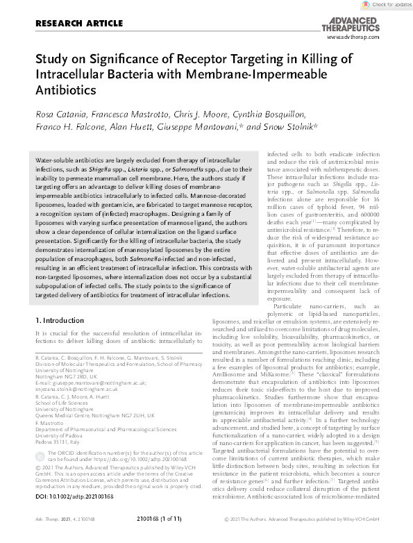 Study on Significance of Receptor Targeting in Killing of Intracellular Bacteria with Membrane-Impermeable Antibiotics Thumbnail