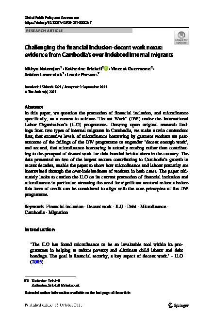 Challenging the financial inclusion-decent work nexus: evidence from Cambodia’s over-indebted internal migrants Thumbnail