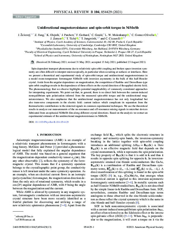 Unidirectional magnetoresistance and spin-orbit torque in NiMnSb Thumbnail