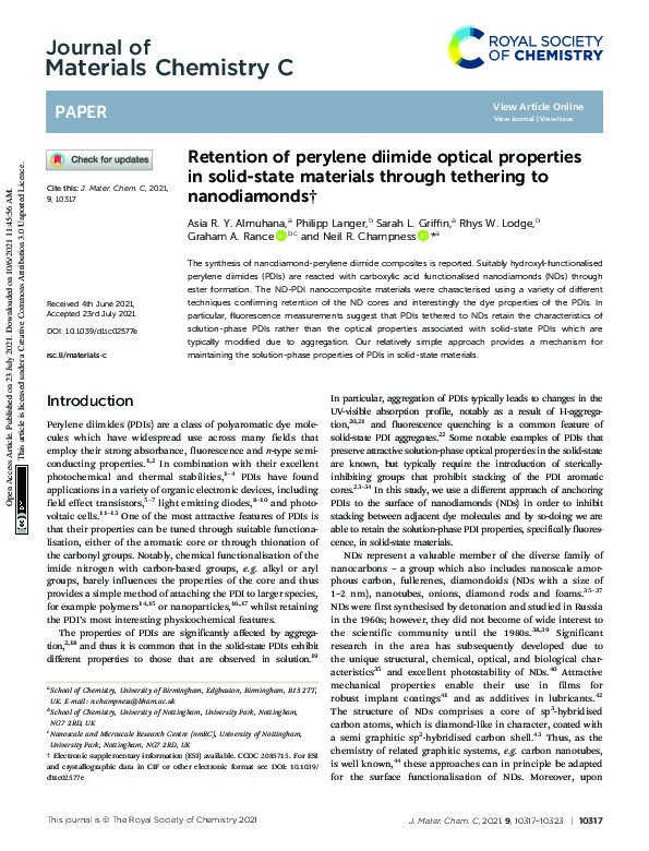 Retention of perylene diimide optical properties in solid-state materials through tethering to nanodiamonds Thumbnail