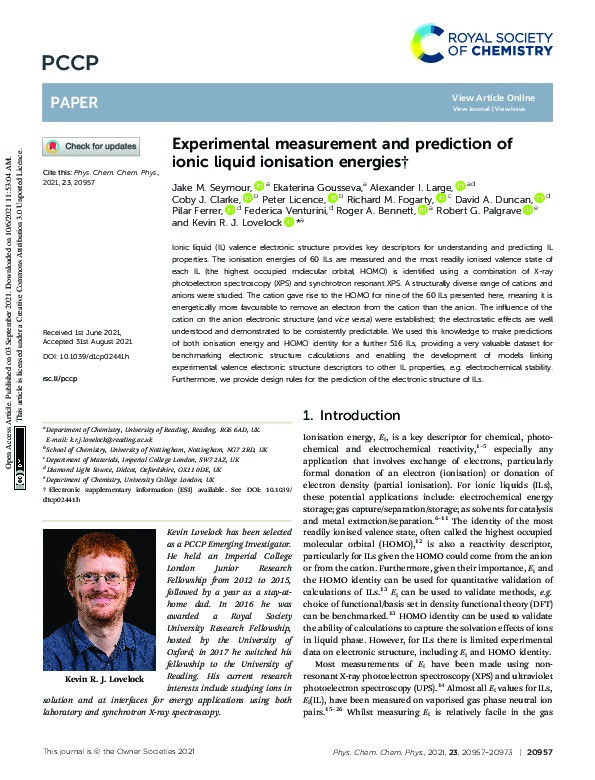 Experimental measurement and prediction of ionic liquid ionisation energies Thumbnail