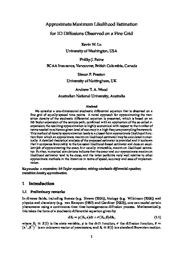 Approximate Maximum Likelihood Estimation for One-Dimensional Diffusions Observed on a Fine Grid Thumbnail