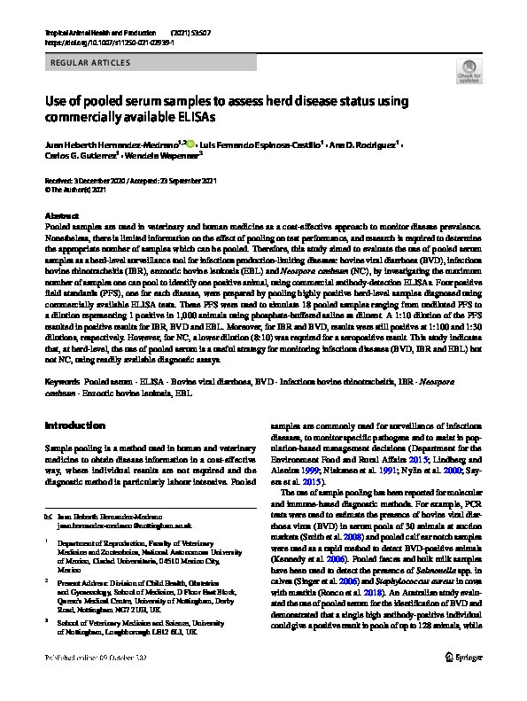 Use of pooled serum samples to assess herd disease status using commercially available ELISAs Thumbnail