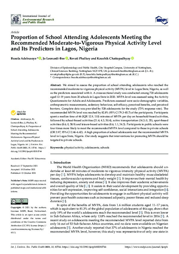 Proportion of School Attending Adolescents Meeting the Recommended Moderate-to-Vigorous Physical Activity Level and Its Predictors in Lagos, Nigeria Thumbnail