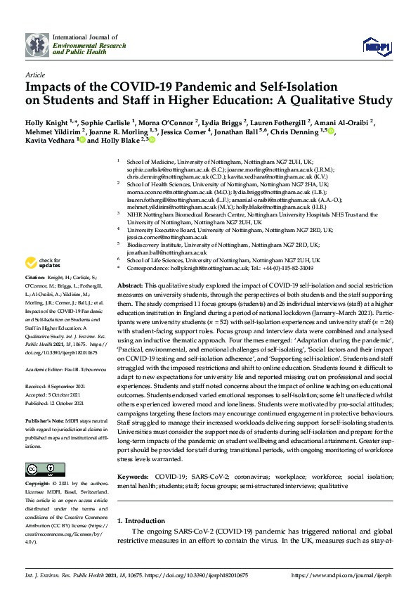 Impacts of the COVID-19 pandemic and self-isolation on students and staff in higher education: A qualitative study Thumbnail