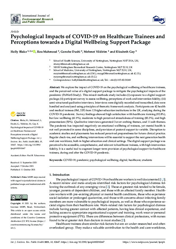Psychological Impacts of COVID–19 on Healthcare Trainees and Perceptions towards a Digital Wellbeing Support Package Thumbnail