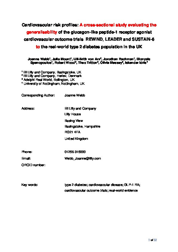 Cardiovascular risk profiles: A cross-sectional study evaluating the generalizability of the glucagon-like peptide-1 receptor agonist cardiovascular outcome trials REWIND, LEADER and SUSTAIN-6 to the real-world type 2 diabetes population in the United Kingdom Thumbnail