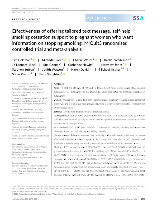 Effectiveness of offering tailored text message, self‐help smoking cessation support to pregnant women who want information on stopping smoking: MiQuit3 randomised controlled trial (RCT) and meta‐analysis Thumbnail