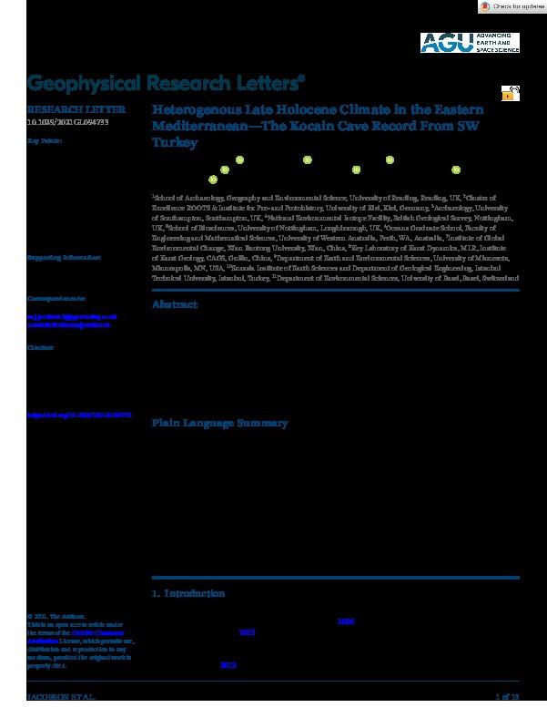 Heterogenous Late Holocene Climate in the Eastern Mediterranean—The Kocain Cave Record From SW Turkey Thumbnail