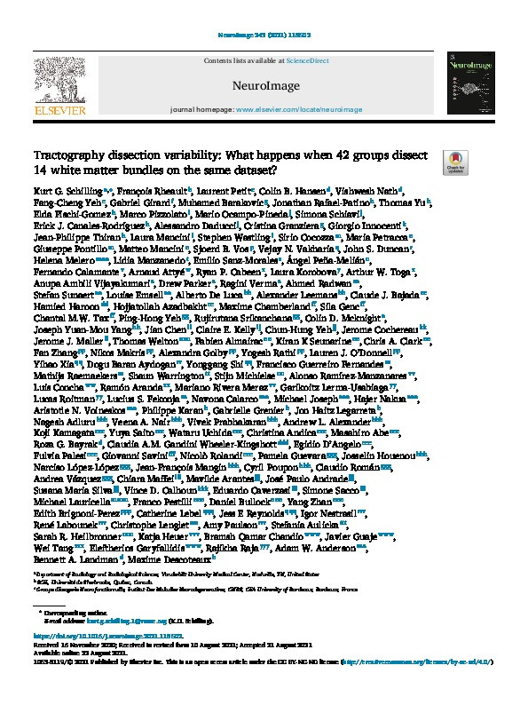 Tractography dissection variability: What happens when 42 groups dissect 14 white matter bundles on the same dataset? Thumbnail