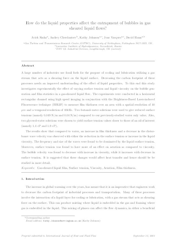 How do the liquid properties affect the entrapment of bubbles in gas sheared liquid flows? Thumbnail