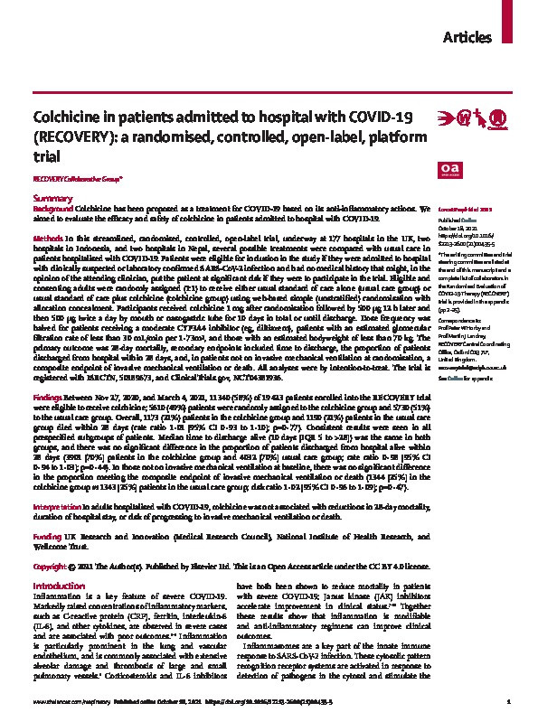 Colchicine in patients admitted to hospital with COVID-19 (RECOVERY): a randomised, controlled, open-label, platform trial Thumbnail