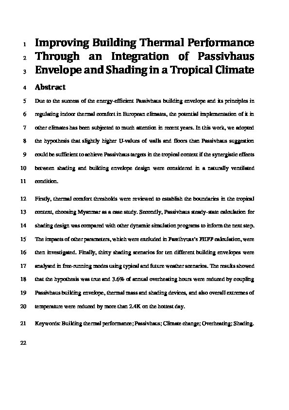 Improving building thermal performance through an integration of Passivhaus envelope and shading in a tropical climate Thumbnail