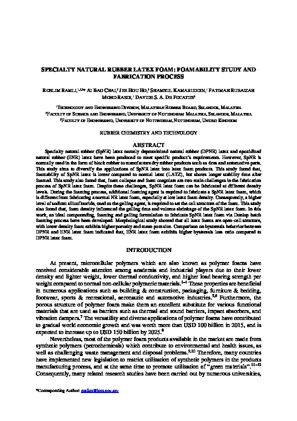 Specialty natural rubber latex foam: foamability study and fabrication process Thumbnail