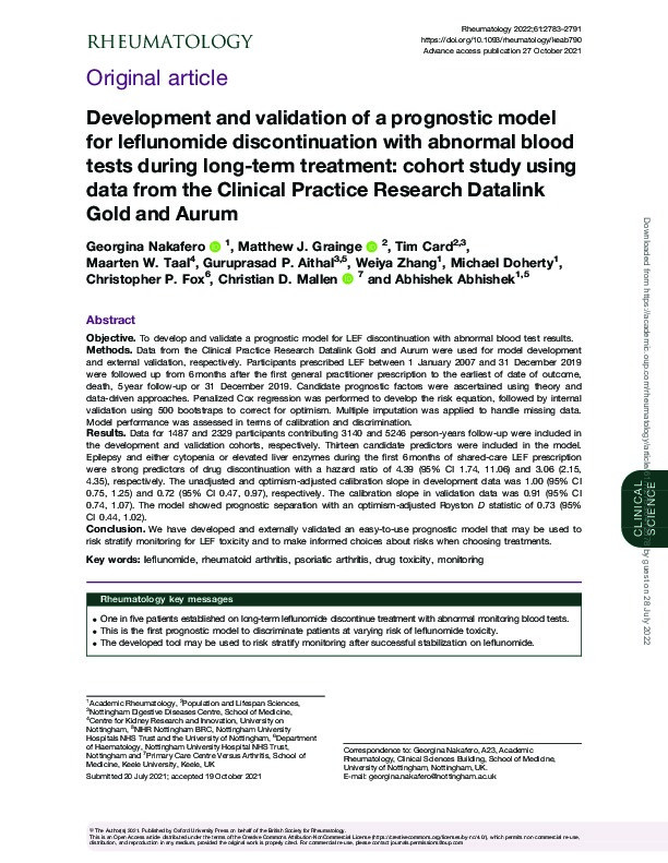 Development and validation of a prognostic model for leflunomide discontinuation with abnormal blood tests during long-term treatment: cohort study using data from the Clinical Practice Research Datalink Gold and Aurum Thumbnail