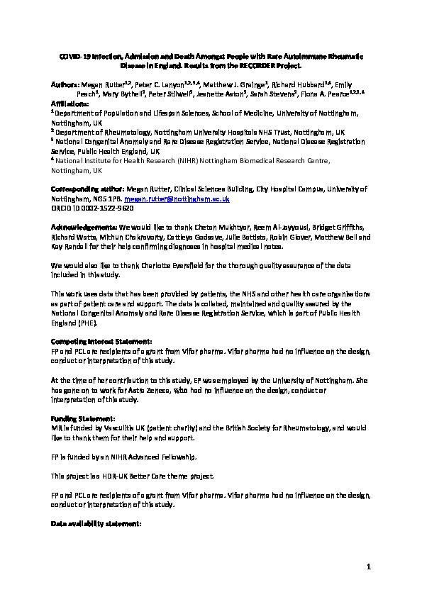 COVID-19 infection, admission and death among people with rare autoimmune rheumatic disease in England: results from the RECORDER project Thumbnail