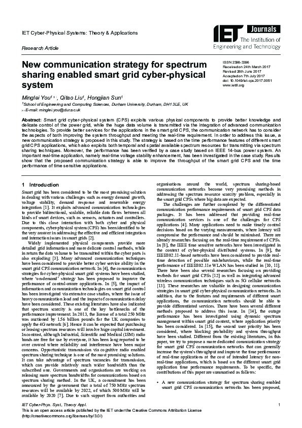 New communication strategy for spectrum sharing enabled smart grid cyber?physical system Thumbnail