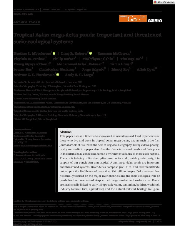 Tropical Asian mega-delta ponds: Important and threatened socio-ecological systems Thumbnail