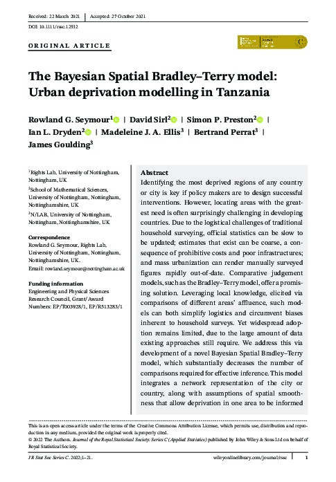 The Bayesian Spatial Bradley–Terry model: Urban deprivation modelling in Tanzania Thumbnail