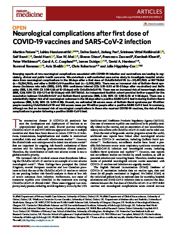 Neurological complications after first dose of COVID-19 vaccines and SARS-CoV-2 infection Thumbnail