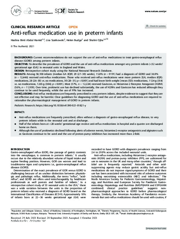 Anti-reflux medication use in preterm infants Thumbnail