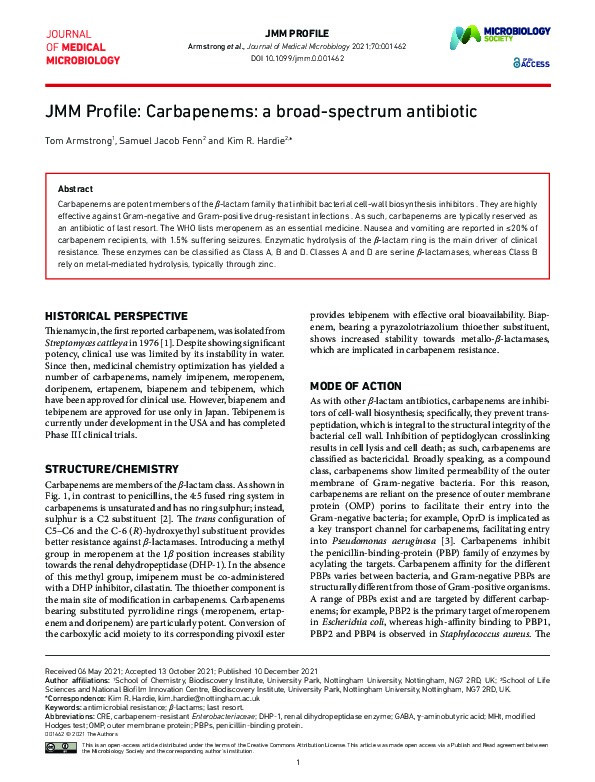 JMM Profile: Carbapenems: a broad-spectrum antibiotic Thumbnail